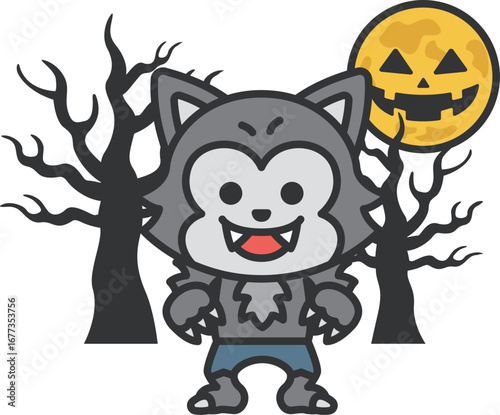 狼男のキャラクターと、ハロウィンの月（線画カラー）のイラスト