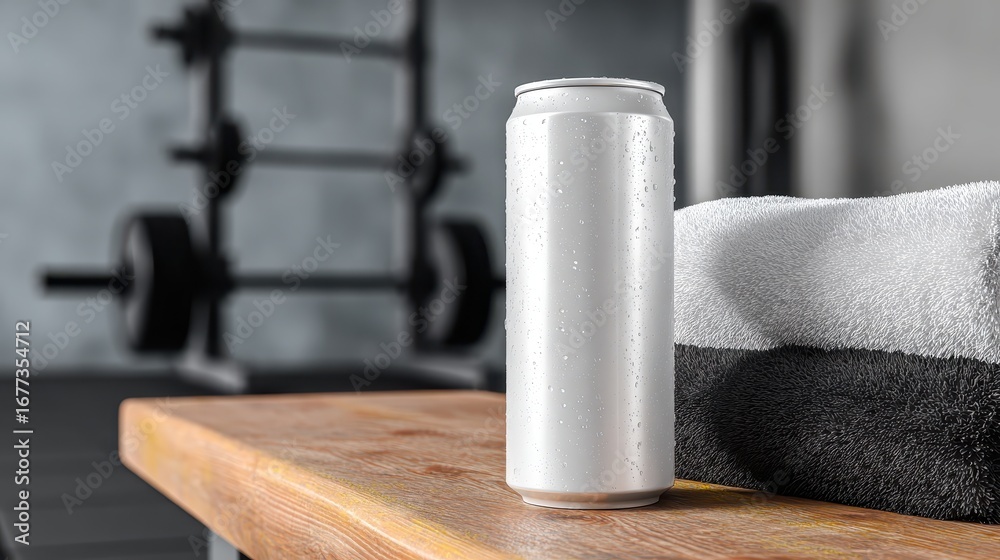 Naklejka premium Refreshing Drink Can on Bench with Gym Equipment in Background