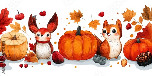 Adorable autumn scene with pumpkins, charming animals, and colorful fall foliage on white
