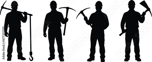 Silhouette of Construction and Mining Workers Holding Tools, Pickaxes and Equipment, Industrial Labor Team, Manual Work Concept Illustration