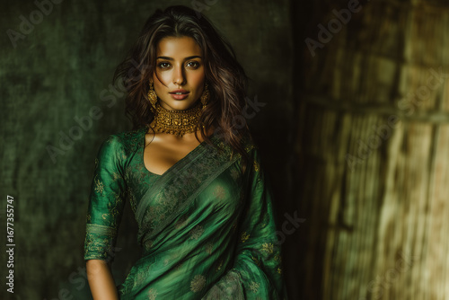 Elegant woman in green traditional saree with gold necklace posing confidently in soft natural light against rustic textured background, showcasing ethnic fashion and beauty
