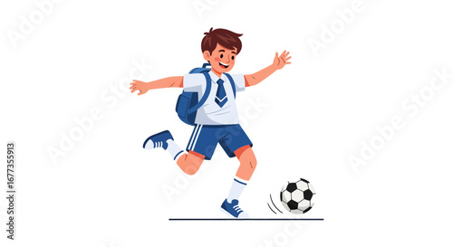 Boy in school uniform kicking a soccer ball with backpack on.