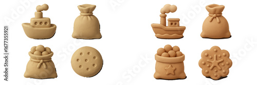 Colorful clay shapes of boats, bags, and cookies arranged on a white background for creative playtime