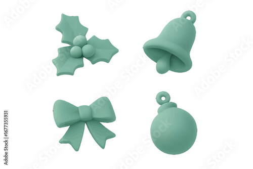 Decorative silicone shapes for holiday baking and crafting featuring holly, bell, bow, and ornament designs