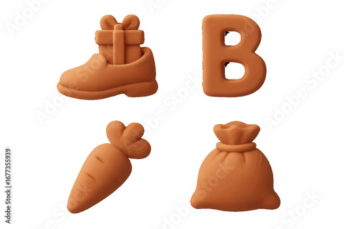 Colorful rubber toys including a shoe, gift, letter, carrot, and bag displayed on a clean white background