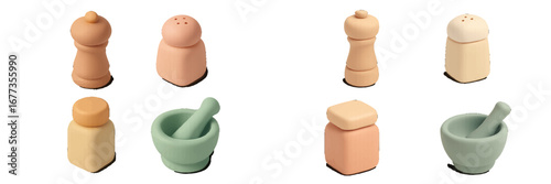 Unique ceramic salt and pepper shakers alongside charming mortar and pestle kitchen accessories on a clean surface