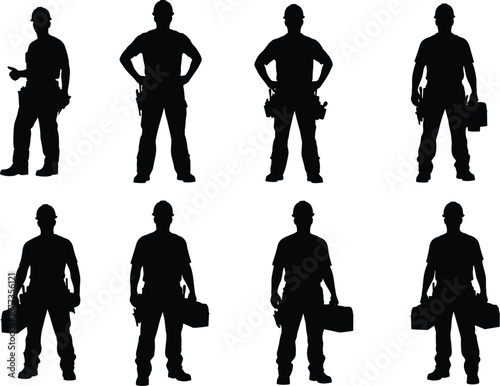 Silhouette of Construction Workers and Technicians Holding Toolboxes, Wearing Uniforms, Industrial Labor Team in Standing Pose Vector Illustration