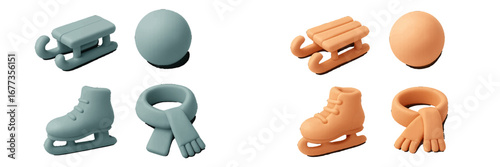 Colorful winter toys shaped like sleds, balls, scarves, and skates arranged on a light background