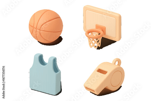 Colorful basketball toys including a ball, hoop, jersey, and whistle ideal for playful learning and sports recognition