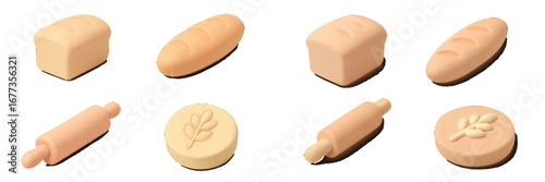 Various shapes of bread and baking tools made from soft material displayed on a white background in a simple layout