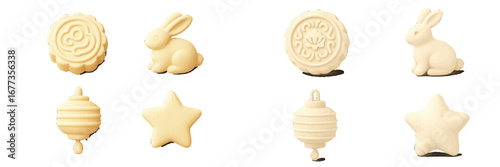 Decorative edible shapes including animals and festive items arranged on a clean background