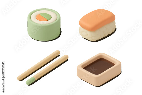 Colorful plastic sushi set with two pieces of sushi, dipping sauce, and chopsticks on a white background