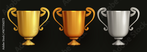 Realistic Golden Bronze and SilverTrophy. Vector Illustration