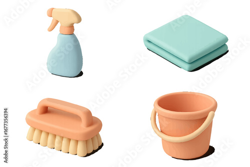 Cleaning supplies and tools for home organization displayed on a simple background