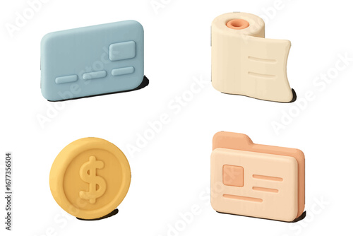 Colorful representations of financial tools and personal identification on a light background