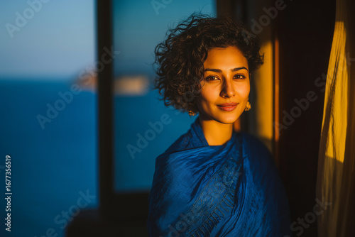 Smiling woman with curly hair wrapped in elegant blue shawl standing in warm sunset light near window with ocean view, radiating peace, beauty, and natural confidence