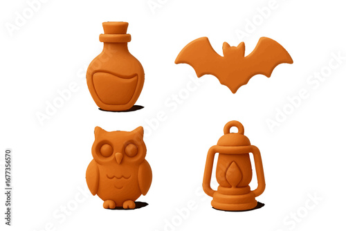 Decorative Halloween themed silicone molds featuring bat, owl, lantern, and potion bottle designs for creative baking and crafts
