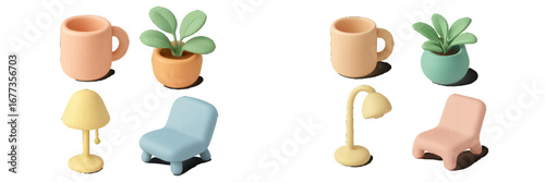 Colorful decorative items featuring small plants, mugs, and modern furniture arranged on a white background