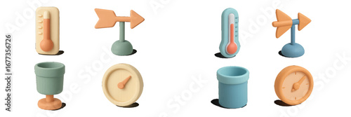Colorful collection of playful temperature and weather-themed toys showcased on a bright white background