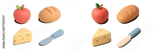 Playful food toys featuring colorful apples, bread, and cheese with a knife suitable for imaginative playtime activities