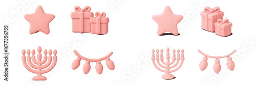 Decorative pink holiday symbols featuring stars, gifts, and menorahs for festive celebrations in a modern design