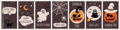 Halloween social media posters with cute spooky characters and typography