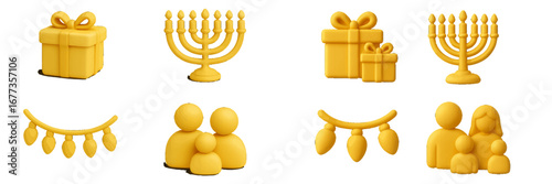 Colorful and playful holiday decorations featuring menorahs, gifts, and family gatherings in a cheerful layout