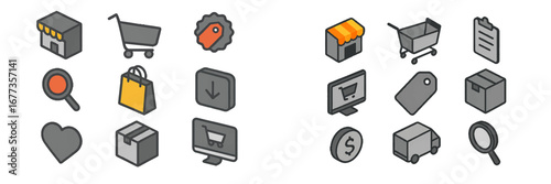 Varied shopping icons featuring carts, packages, and search elements in a simple design suitable for online retail contexts