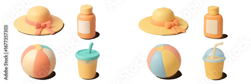 Colorful summer accessories and beach toys arranged on a white surface for a cheerful seasonal display