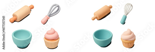 Colorful baking tools and cupcake decorations arranged on a clean surface in a bright kitchen setting