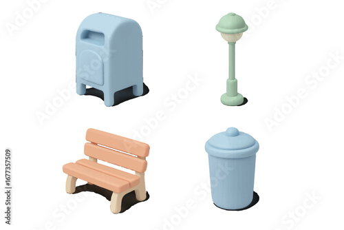 Colorful park accessories including a mailbox, street lamp, bench, and trash can on a white background
