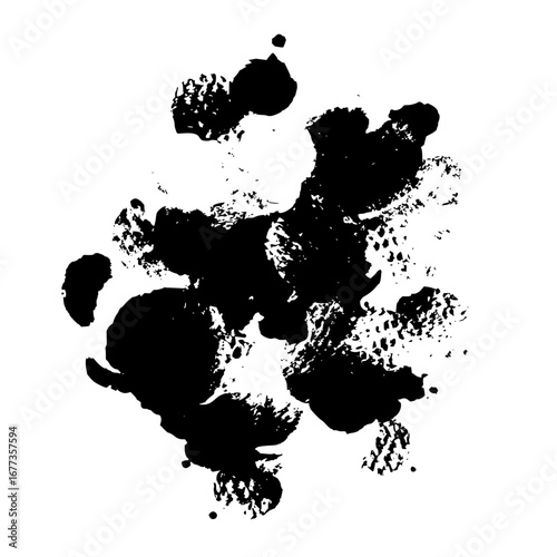 Abstract black ink blot with textured edges and scattered droplets on a plain white background design art