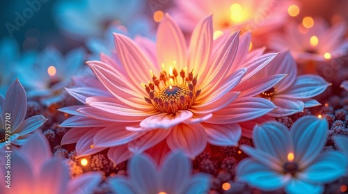 Pink and blue flowers with glowing lights pink flowers bokeh