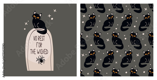 Cute Halloween illustration with a black cat sitting on a gravestone and matching seamless pattern.