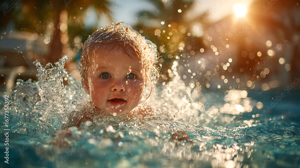 Obraz premium Baby joyfully splashes in a sunlit pool on a warm summer day