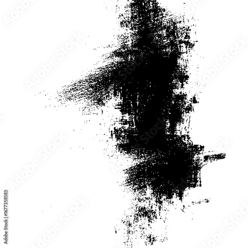 Abstract black brush stroke design with splatter effect isolated on a white background creating a grunge look