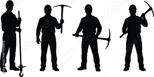 Silhouette of Construction Workers with Tools in Various Poses, Industrial Labor Force, Manual Work, Mining and Engineering Concept