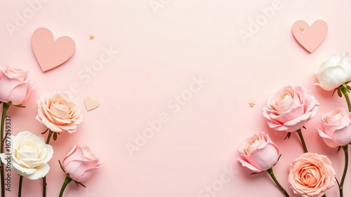 pink roses on a white background Mother’s Day Land Art sale banner design free space in the center