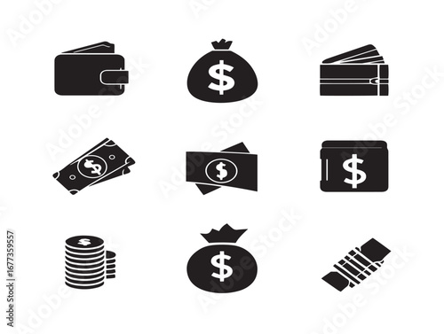 Money and cash icons set with bold silhouette illustrations