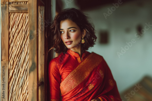 Elegant woman in traditional red silk saree with golden embroidery and earrings, standing by rustic wooden doorway, cultural portrait showcasing timeless beauty, grace, and ethnic fashion