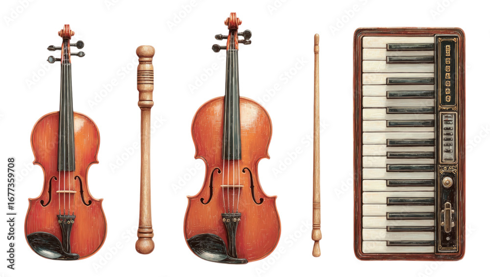 Fototapeta premium Detailed Illustration of Vintage Musical Instruments on Transparent Background