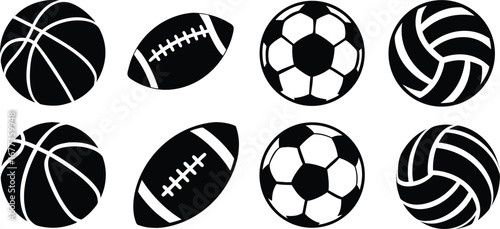 Sports Ball Vector Icons – Basketball, Football, Soccer, Volleyball Silhouettes