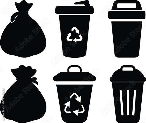 Trash Bin Vector Icons – Garbage, Recycling, Waste Silhouettes