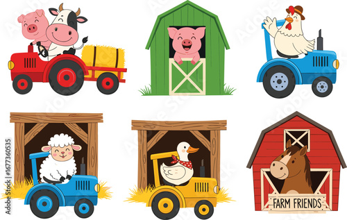 Cute farm animal clipart with tractor, cartoon barn animals, farmyard friends illustration, children’s design, vector art, playful countryside sceneCute farm animal clipart with tractor, cartoon barn 