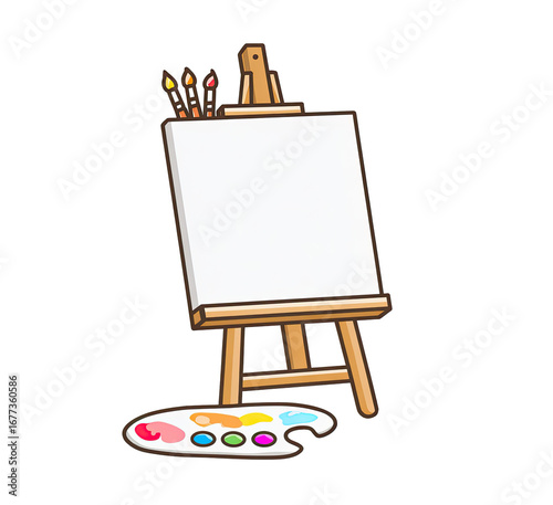 Cartoon art easel with canvas and paint palette