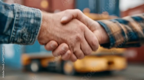 Handshake in cargo port with making deal, agreement, and logistics Shipping containers background.