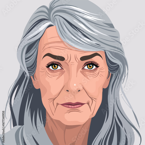 A woman with silver-grey hair, her face lined with wisdom, looking directly at the viewer with a calm, gentle expression. Flat vector design.