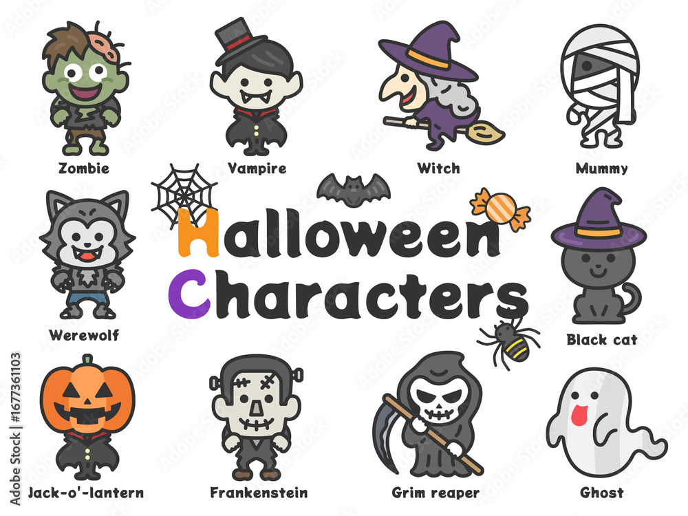 Obraz premium ハロウィンのキャラクターアイコン（線画カラー）のイラストセット