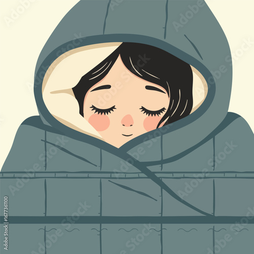 A person wrapped in a simple, cozy quilt, only their peaceful face visible. Flat vector design.