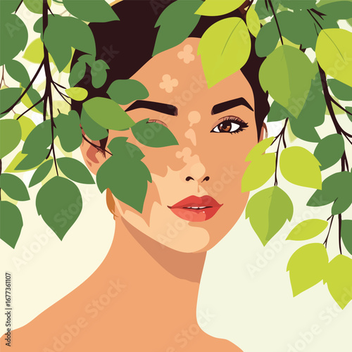 A portrait of a woman, her face illuminated by the dappled light filtering through stylized tree leaves. Flat vector illustration.